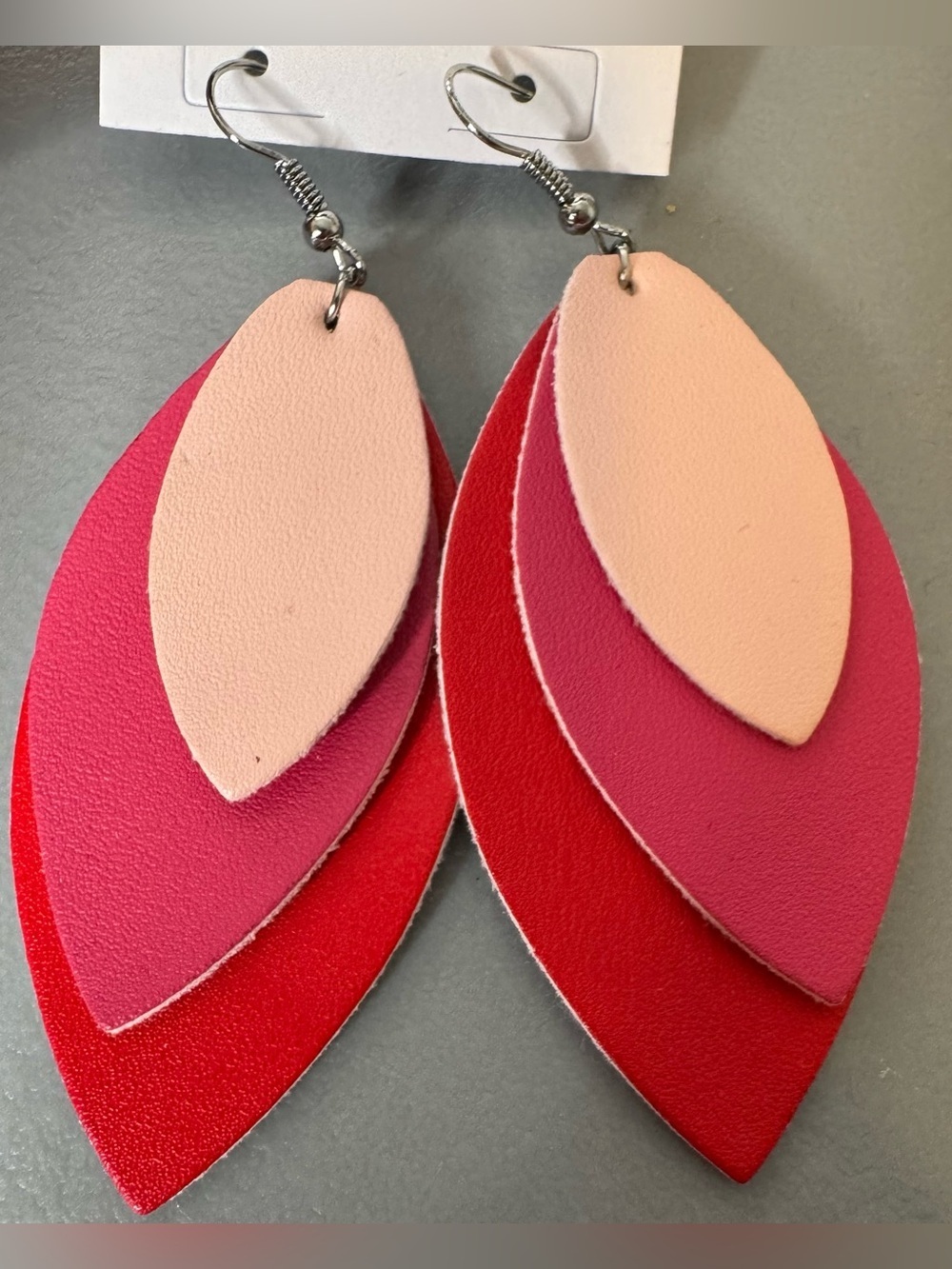 Handmade Layered Pink & Red faux Leather Teardrop Earrings